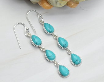 Blue Turquoise 925 Sterling Silver Gemstone Hook Earring ~ Handmade Jewelry ~ 1 Pair 925 Silver ~ Gift For Anniversary ~ 3 Stone Jewelry