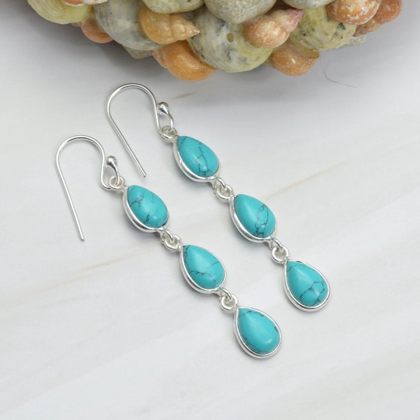 Blue Turquoise 925 Sterling Silver Gemstone Hook Earring ~ Handmade Jewelry ~ 1 Pair 925 Silver ~ Gift For Anniversary ~ 3 Stone Jewelry