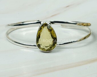 Yellow Lemon Quartz 925 Sterling Silver Gemstone Adjustable Bangle