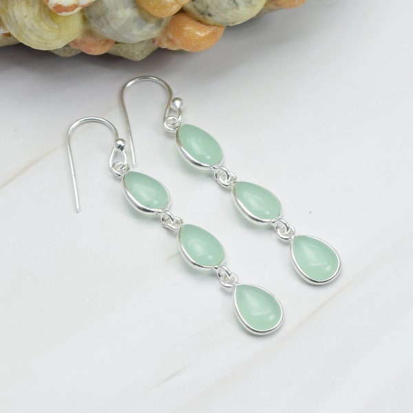 Aqua Chalcedony 925 Sterling Silver Gemstone 1 Pair Hook Earring  ~ Pear Shape Jewelry ~ Handmade Jewelry ~ Gift For Christmas