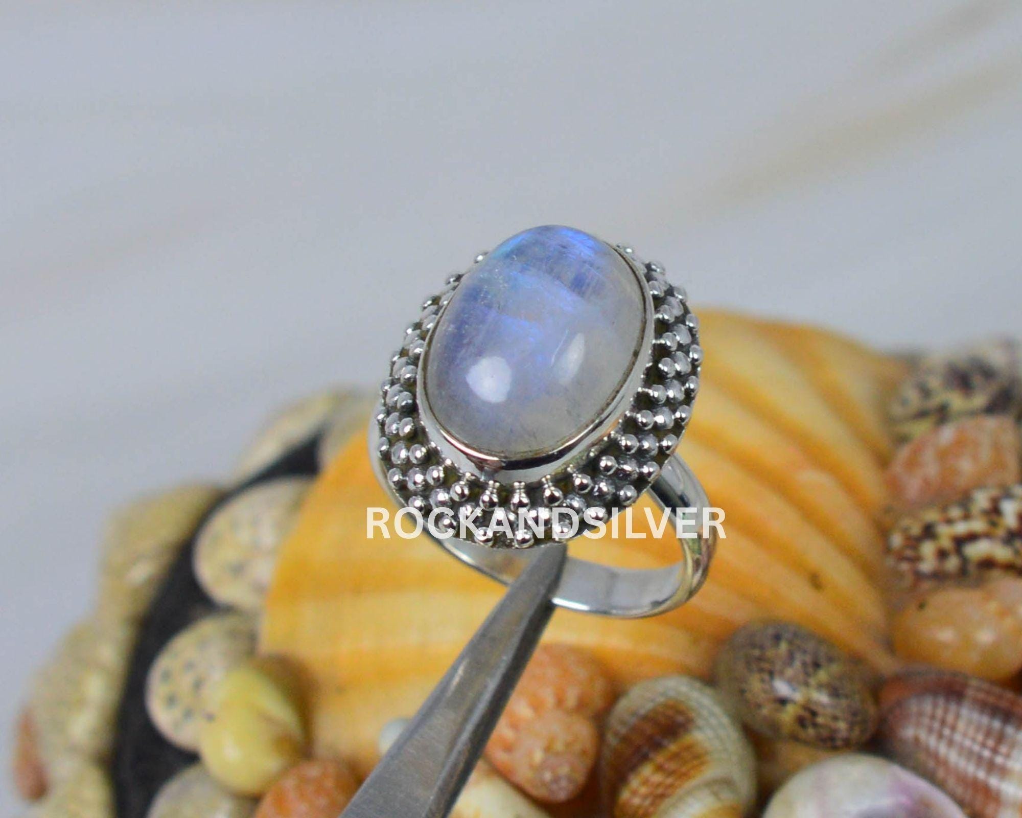 Regenbogen Mondstein Ring 925 Sterlingsilber Handgemacht