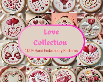 Love Hand Embroidery Pattern Bundle, 100+ Romantic Stitch Designs, PDF for Hearts, Balloons, Flowers, Wedding Decor, DIY Embroidery Template