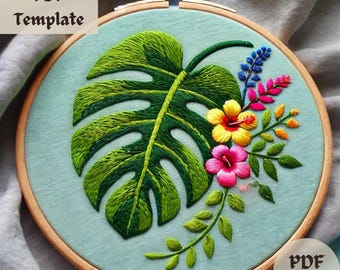 Tropical Leaf Embroidery Pattern, Jungle Monstera Stitch PDF, Floral Hand Embroidery Design, Botanical DIY Hoop, Instant Template