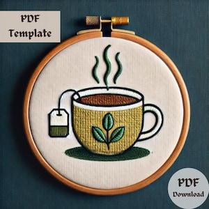 Tea Cup Embroidery Pattern, Herbal Tea Stitching PDF, Hand Embroidery Cup Design, DIY Kitchen Decor Template, Cute Drink Stitch Pattern