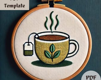 Tea Cup Embroidery Pattern, Herbal Tea Stitching PDF, Hand Embroidery Cup Design, DIY Kitchen Decor Template, Cute Drink Stitch Pattern