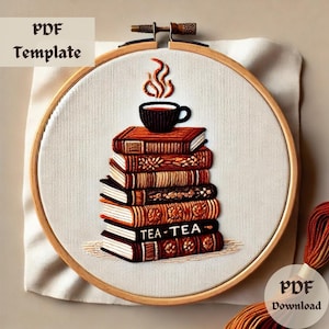 May include: Embroidered design of a stack of books with a cup of tea on top. The books have intricate details and the text "TEA-TEA" is visible on one of the books.