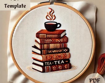Patrón de bordado de otoño de libros apilados, bordado a mano para una lectura acogedora, diseño de costura de otoño, aro para amantes de los libros DIY en PDF, bordado literario