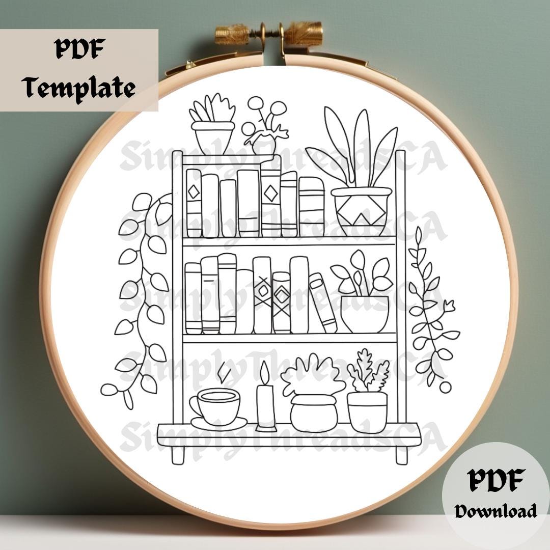 Bookshelf Embroidery Pattern, Cozy Hand Embroidery PDF, Book Lover ...