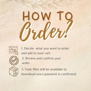 K&ouml;nnte beinhalten: Eine Grafik mit braunem Hintergrund und wei&szlig;em Text, der "HOW TO Order?" lautet, mit drei Schritten zum Bestellen digitaler Dateien: 1. Entscheiden Sie, was Sie bestellen m&ouml;chten, und legen Sie es in den Warenkorb. 2. &Uuml;berpr&uuml;fen und best&auml;tigen Sie Ihre Bestellung. 3. Ihre Dateien stehen zum Download bereit, sobald die Zahlung best&auml;tigt wurde.