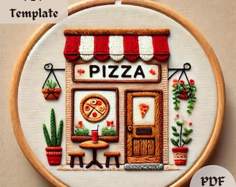 Patrón de bordado de pizzería, PDF de bordado a mano caprichoso, diseño de costura para cafetería acogedora, plantilla de aro DIY con temática gastronómica para amantes de la pizza