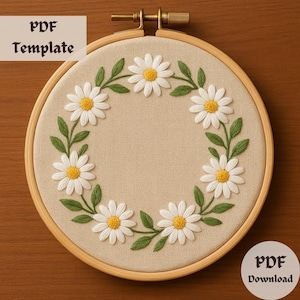 White Daisy Wreath Embroidery Pattern, Delicate Flower Ring Stitch Design, Hand Embroidery PDF Template, Simple Floral Hoop Art Idea