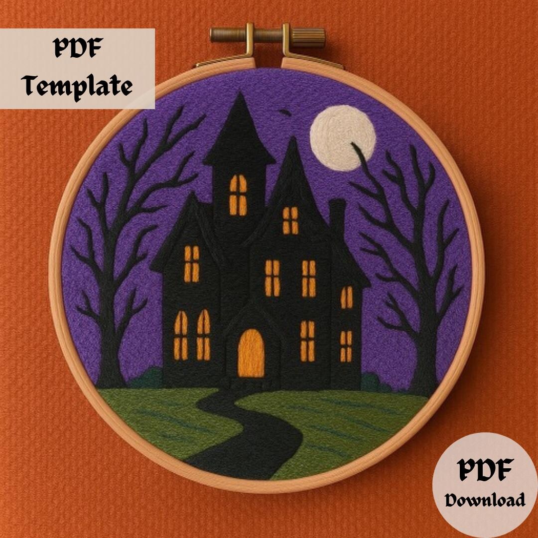 Haunted House Hand Embroidery Pattern, Spooky Embroidery PDF, Witchy ...