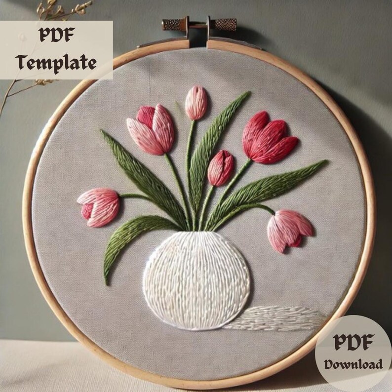 Tulip Vase Embroidery Pattern, Floral Hand Embroidery, Botanical ...