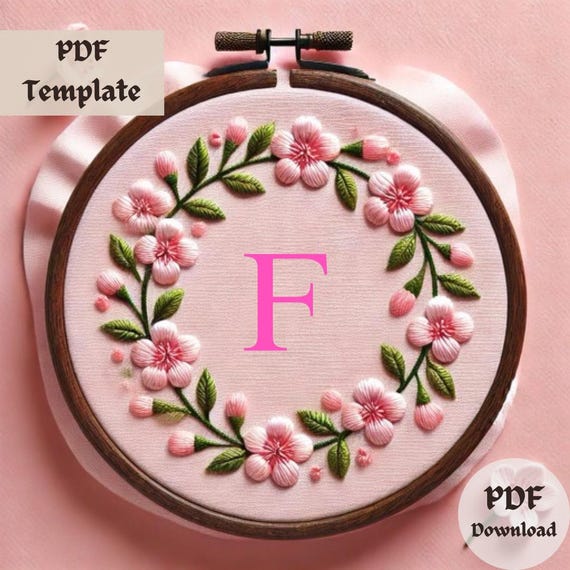 Cherry Blossom Monogram F Embroidery Pattern, Floral Letter Hand