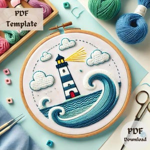 Lighthouse Embroidery Pattern, Coastal Hand Embroidery PDF, Nautical Stitching Design, DIY Seaside Hoop Art, Ocean-Inspired Embroidery