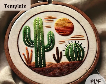 Desert Cactus Embroidery Pattern, Sunset Hand Embroidery, Southwestern Stitching Design, Nature Hoop PDF, DIY Botanical Needlework Template