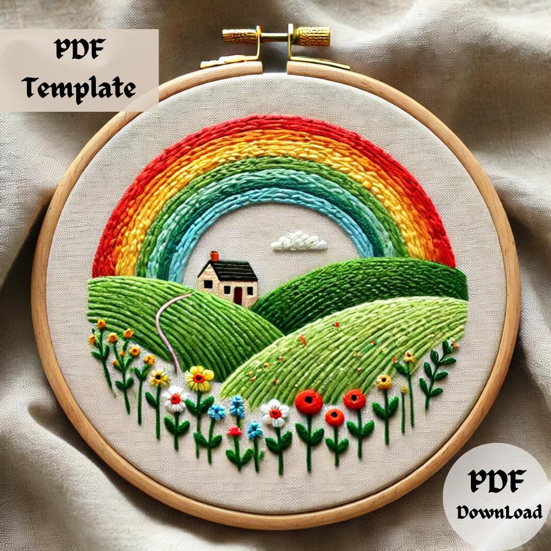 虹の風景刺繍パターン、PDF DIY自然デザイン、カラフルな風景画フープ
