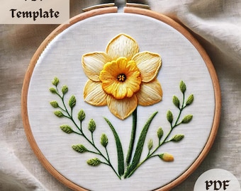 水仙の花の刺繍パターン、エレガントな花柄の手刺繍PDF、自然からインスピレーションを得たステッチデザイン、DIYスプリングフープテンプレート