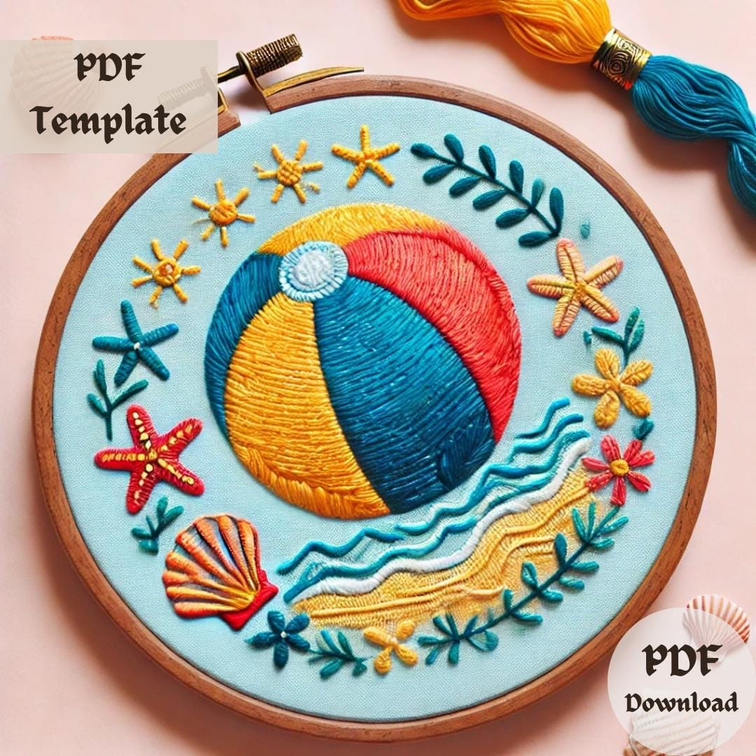 Beach Ball Embroidery Pattern, Starfish Summer Stitching PDF, Hand ...