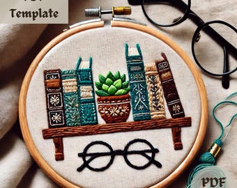 Patrón de bordado a mano para estantería, bordado de libros DIY, idea de regalo para amantes de los libros, bordado a mano DIY para principiantes, descarga de patrón en PDF