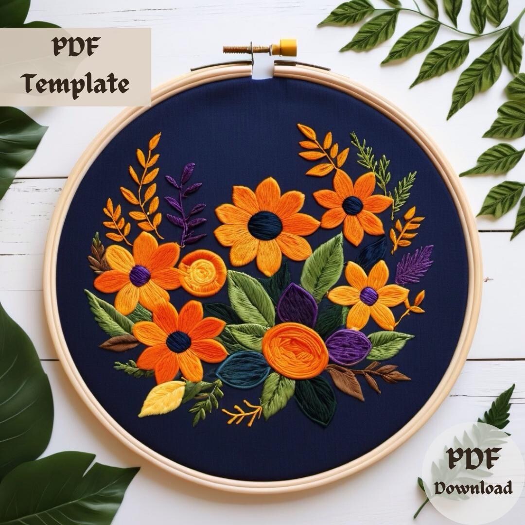 Dark Floral Embroidery Pattern, Orange and Purple Hand Embroidery, Bold ...