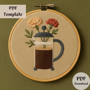 Coffee Flower Embroidery Pattern, Floral Coffee Cup Stitching PDF, Hand Embroidery Design, DIY Botanical Template, Cute Mug Embroidery Art