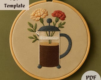 Coffee Flower Embroidery Pattern, Floral Coffee Cup Stitching PDF, Hand Embroidery Design, DIY Botanical Template, Cute Mug Embroidery Art
