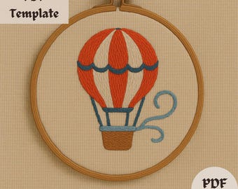 Hot Air Balloon Embroidery Pattern, Whimsical Travel Hoop Design, Adventure Hand Embroidery PDF, Red Balloon Stitch Template Download