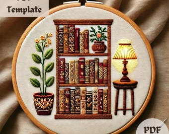 Patrón de bordado a mano para estantería, bordado de libros DIY, idea de regalo para amantes de los libros, bordado a mano DIY para principiantes, descarga de patrón en PDF