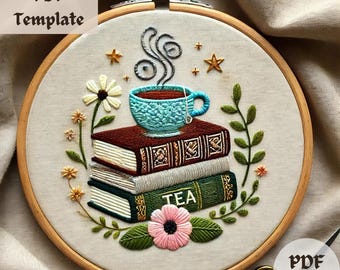 Books Embroidery Pattern, Whimsical Hand Embroidery PDF, Cozy Book Stitching Design, DIY Library Hoop Art Template, Creative Literary Decor