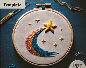 流れ星の刺繍パターン、天体手刺繍 PDF、星空のステッチデザイン、宇宙