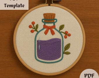 Potion Jar Embroidery Pattern, Magical Bottle Hand Embroidery Design, Witchy Floral Stitch PDF, Fantasy Apothecary Hoop Template