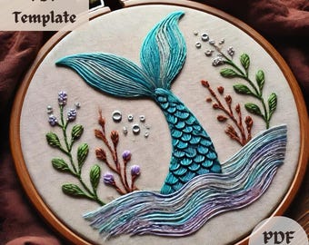 Mermaid Tail Embroidery Pattern, Ocean Fantasy Hand Stitching PDF, Underwater Hoop Design, DIY Whimsical Sea Template