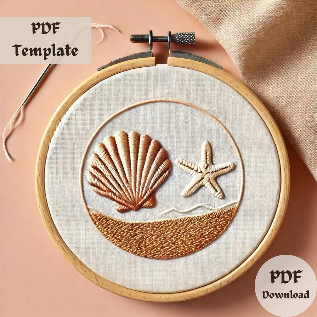 Seashell and Starfish Embroidery Pattern, Beach Scene Hand Embroidery ...