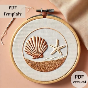 Seashell and Starfish Embroidery Pattern, Beach Scene Hand Embroidery, Coastal Shell Stitch Design PDF, DIY Summer Embroidery Template