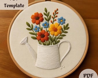 Gieter borduurpatroon, bloemenvaas stiksels pdf, botanisch handborduurontwerp, tuinbloem DIY-borduursjabloon