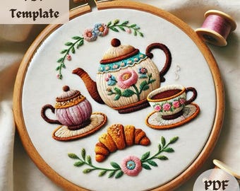 ヴィンテージティーポット刺繍パターン：花柄ニードルポイント（PDF