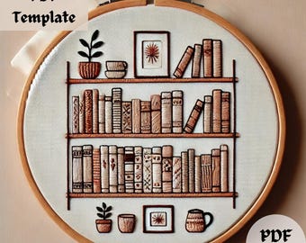 Bookshelf Hand Embroidery Pattern, DIY Book Embroidery, Book Lover&#39;s Gift Idea, DIY Beginner-Friendly Hand Embroidery, PDF Pattern Download