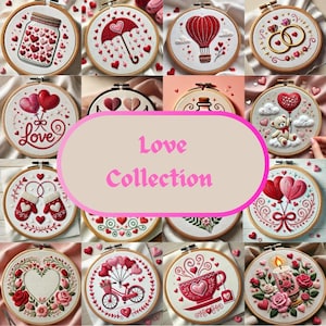 May include: A collection of 12 embroidery hoops with various love-themed designs, including hearts, balloons, a hot air balloon, a cup of coffee, a candle, and a pair of mittens. The hoops are all white with a wooden frame and are arranged in a grid pattern. The text "Love Collection" is displayed in the center of the image.