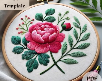 Peony Flower Embroidery Pattern, Elegant Floral Hand Embroidery PDF, Nature-Inspired Stitching Design, DIY Peony Hoop Art Template
