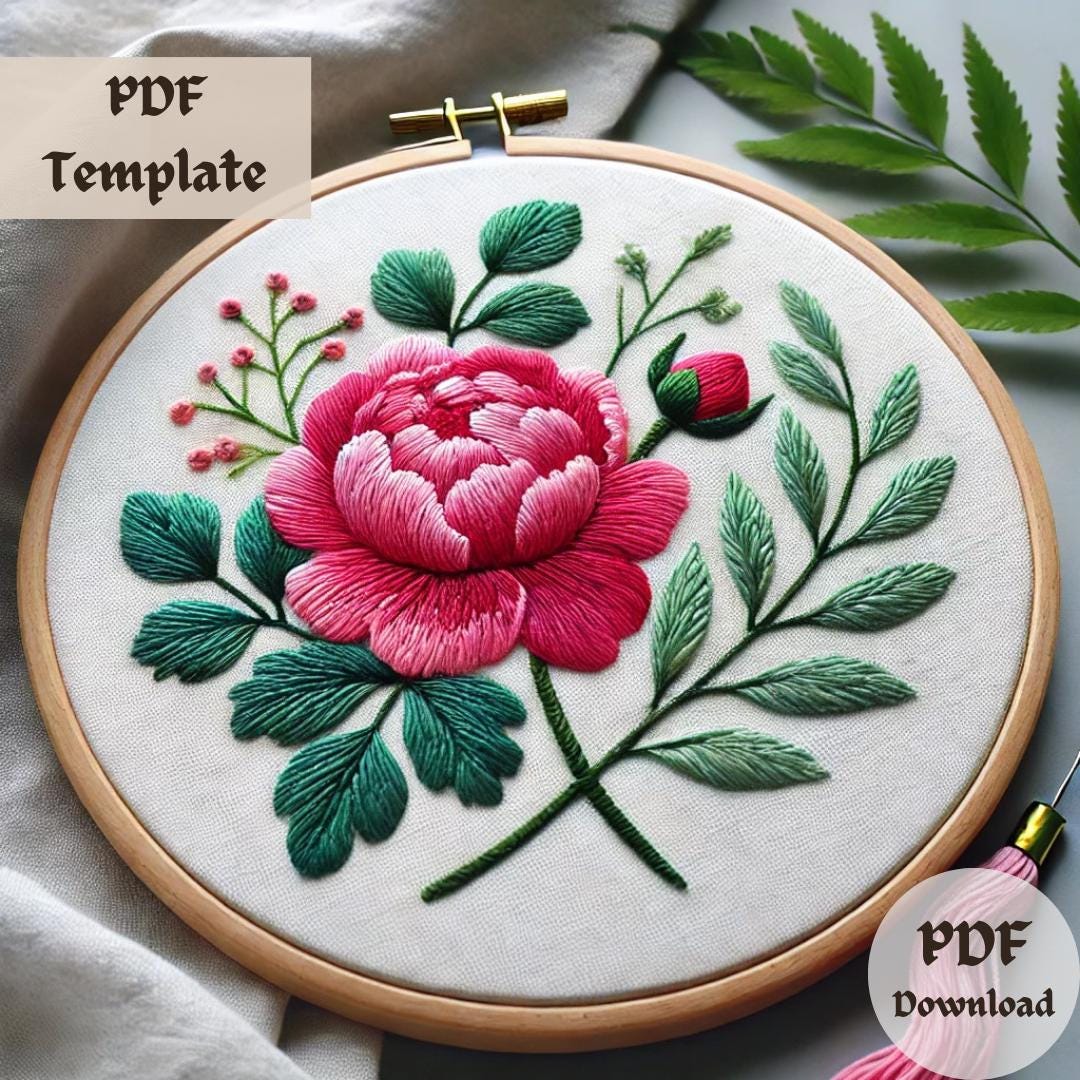 牡丹の花の刺繍パターン、エレガントな花柄の手刺繍PDF、自然から