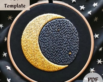 夜空 - pdf 刺繍パターン、刺繍枠アート、月の満ち欠け、ラ・ルナ、雲