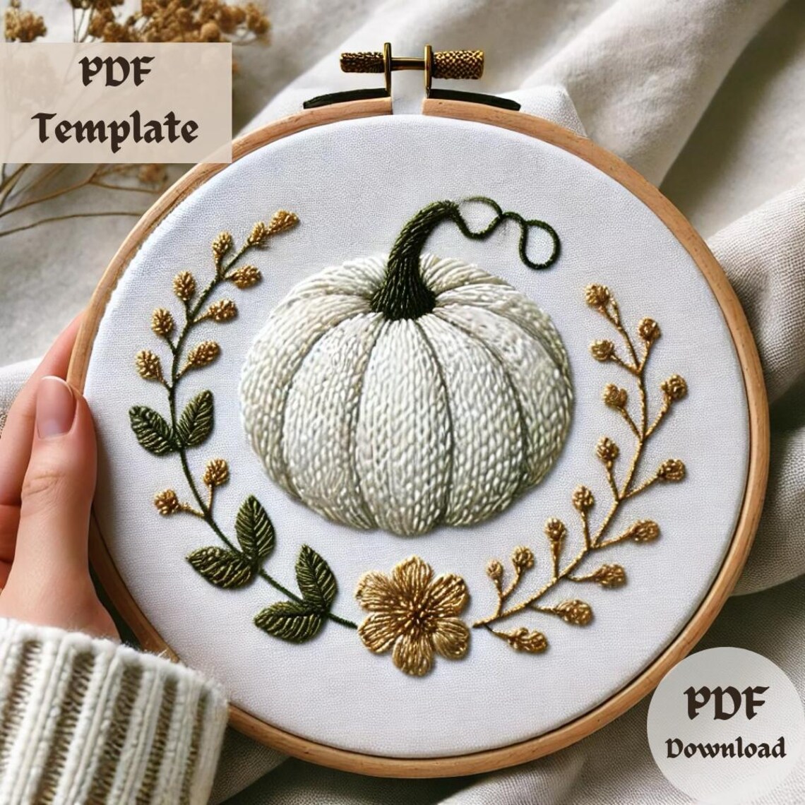 White Pumpkin Embroidery Pattern - Rustic Fall Hand Embroidery PDF ...