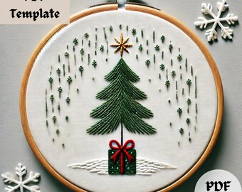 May include: Embroidered Christmas tree design with a green tree, a red bow, and a gold star on a white fabric background. The design is in a wooden embroidery hoop.