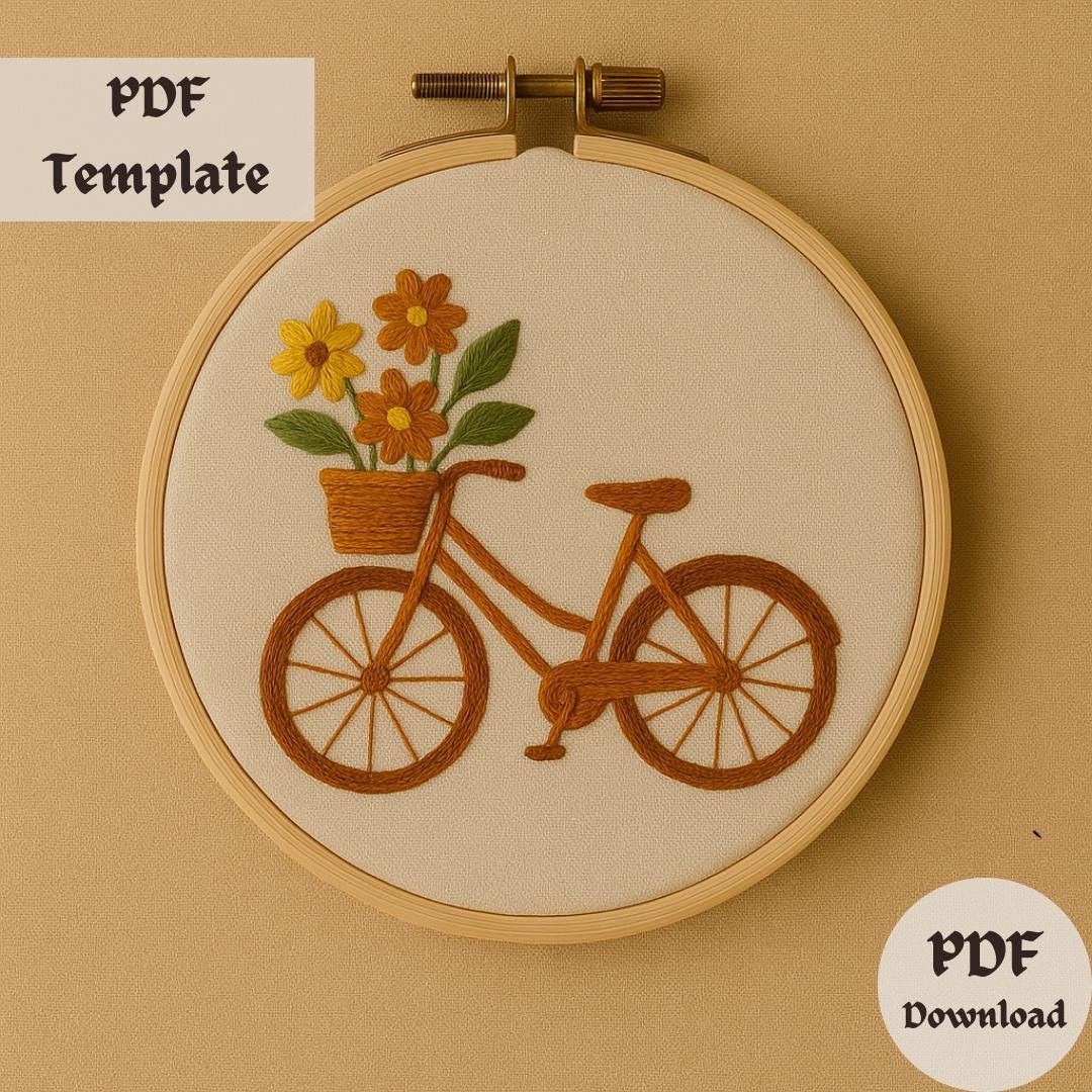 Fahrrad mit Blumen Stickmuster, Floral Fahrrad Hand Stickmuster, Süßer Frühling Stickmuster, Vorlage, Moderne PDF, DIY Hoop Art Download