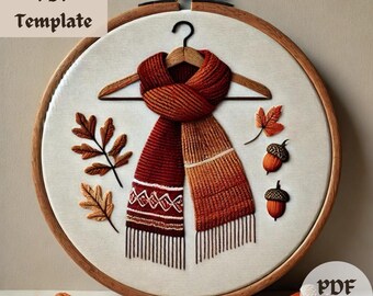 Autumn Scarf Embroidery Pattern, Cozy Fall Hand Embroidery PDF, DIY Seasonal Stitching, Warm Clothing Hoop Art, Rustic Embroidery Design