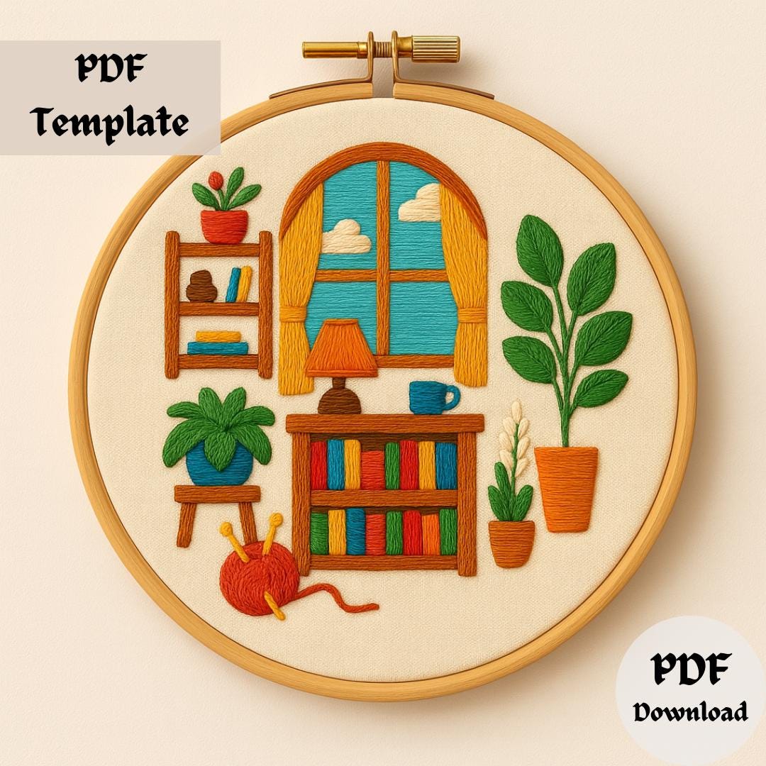 Cozy Reading Nook Embroidery Pattern, Bookshelf Hand Embroidery PDF ...