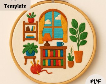 Cozy Reading Nook Embroidery Pattern, Bookshelf Hand Embroidery PDF, Home Library Stitching Design, Book Lover DIY Hand Embroidery Template