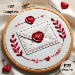 Patrón de bordado de carta de amor, bordado romántico a mano en PDF, diseño de sobre de corazón, plantilla de aro sentimental DIY, decoración de regalos