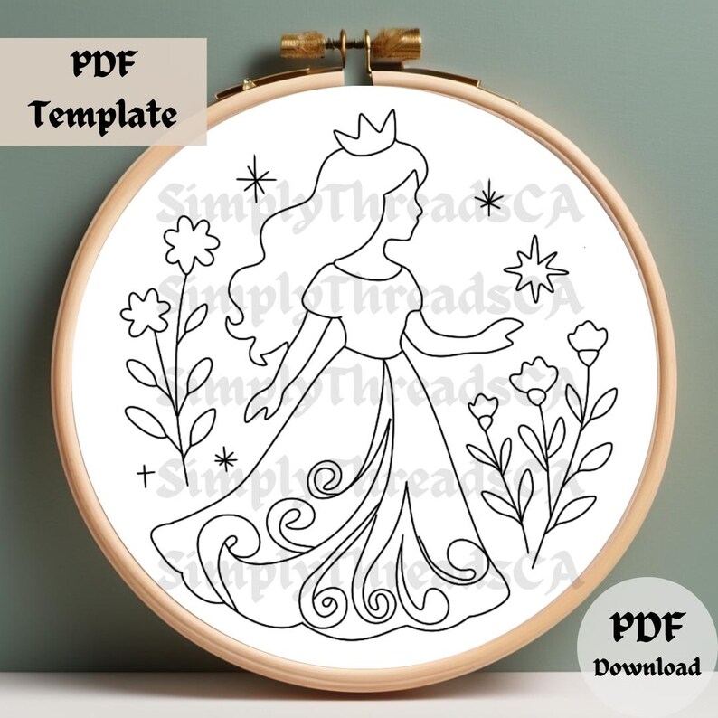Blue Princess Embroidery Pattern, Crowned Girl Hand Stitching, Elegant ...